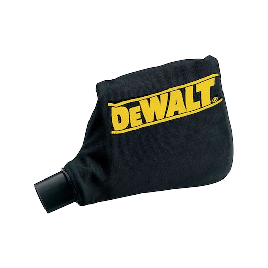 A black DEWALT dust bag with a yellow DEWALT logo, designed for collecting dust from power tools.