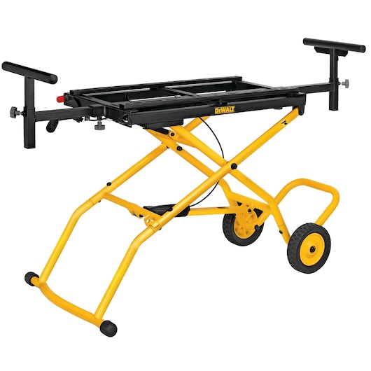 Yellow DEWALT rolling stand with adjustable arms, designed for mounting and supporting power tools.