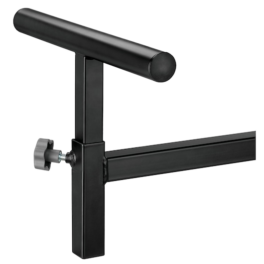 Close-up of DEWALT DE7260 photography accessory with adjustable metal arm and knob for mounting equipment.