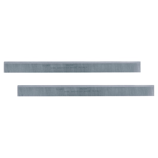 Two DEWALT straight metal blades shown side by side on a white background.