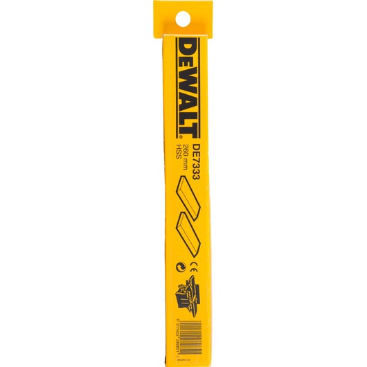 DEWALT DE7333 260mm HSS planer blades in yellow packaging for woodworking machines.