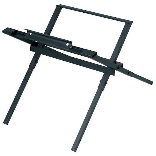 A black metal stand for supporting DEWALT tools, with angled legs and adjustable crossbars.