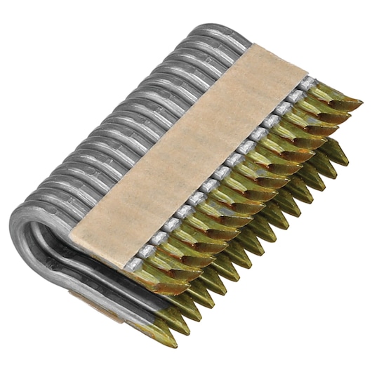 A close-up image of a bundle of collated metal nails held together with a strip of paper, designed for use in a nail gun.