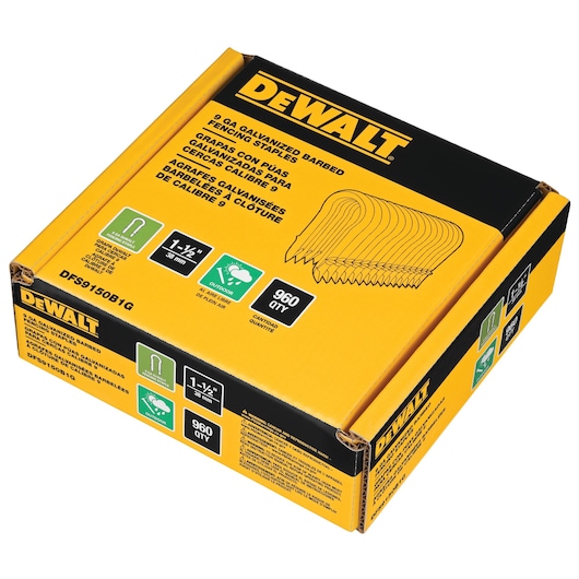 A box of DEWALT 9 gauge galvanized barbed fencing staples, 1-1/2 inch length, suitable for outdoor use, with a quantity of 960 staples. The packaging is yellow and black with product details shown.