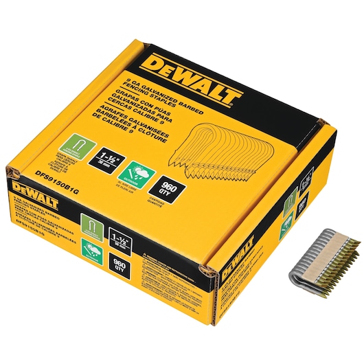 A yellow and black box of DEWALT 9 GA galvanized barbed fencing staples, model DFS9150B1G. The box contains 960 staples of 1-1/2 inch (38 mm) length, designed for outdoor use and fencing applications. A small stack of staples is shown next to the box.