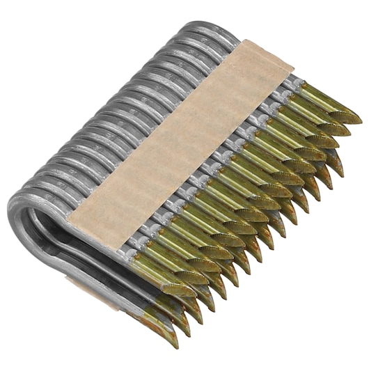 A close-up image of a bundle of DEWALT collated nails, arranged in a strip with metallic finish and pointed tips, held together by a paper strip.