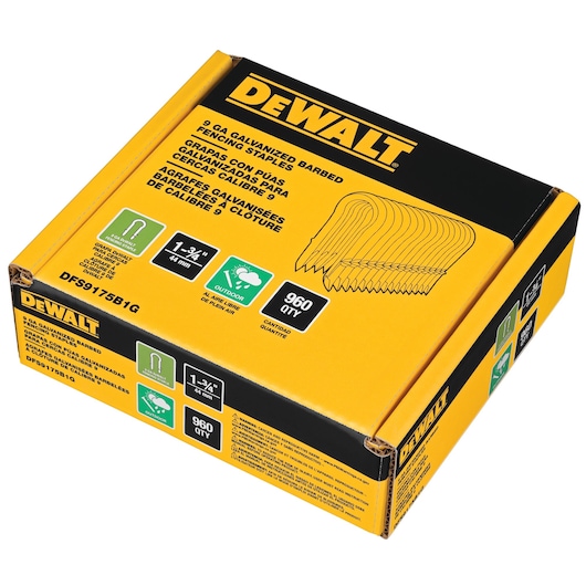 Box of DEWALT 9 GA galvanized barbed fencing staples, model DFS9175B1G-QZ. The packaging is yellow and black, displays an illustration of the staples, usage for outdoor fencing, length of 1-3/4 inches (44 mm), and contains 960 staples.
