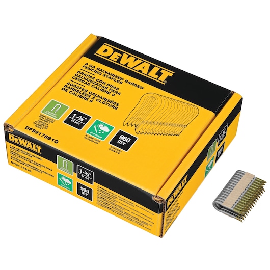 A box of DEWALT 9 GA galvanized barbed fencing staples, model DFS9175B1G-QZ. The yellow and black packaging displays product specifications, including 1-3/4 inch length, outdoor use, and a quantity of 960 staples. A strip of metal staples is shown next to the box.