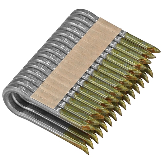 A close-up image of a strip of collated metal fasteners or nails, held together with a cardboard strip, used for construction or carpentry tools.