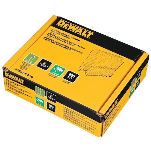 A box of DEWALT 2 GA galvanized barbed fencing staples, SKU DFS9200B1G. The packaging is yellow and black, displays the brand name, product description in multiple languages, and icons indicating 2 inch size, outdoor use, and a quantity of 960 staples.