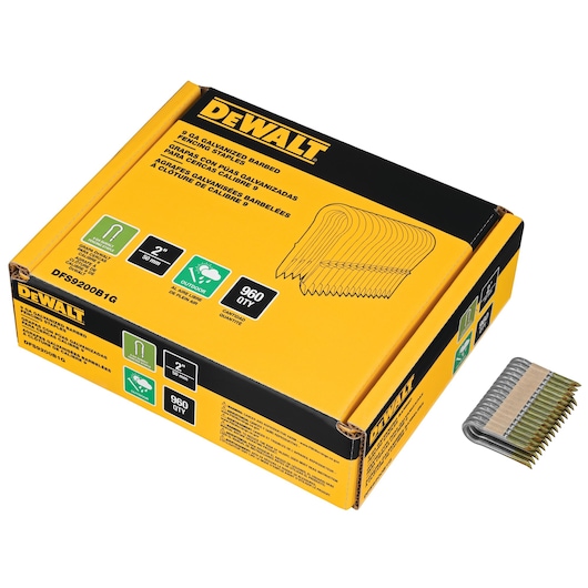 A box of DEWALT 2-inch galvanized barbed fence staples, SKU DFS9200B1G, shown with a strip of staples beside it. The packaging indicates 960 staples per box and is intended for outdoor use.