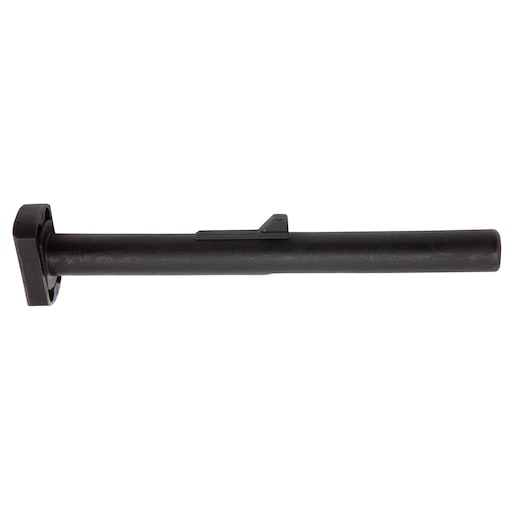 A black cylindrical metal rod with a flat rectangular base and a small protruding tab, photographed on a white background.