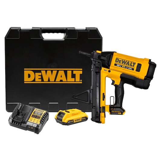 DEWALT nailer set with case, charger, battery. Photography. SKUs: DGN845D1-QW, DGN845D1.