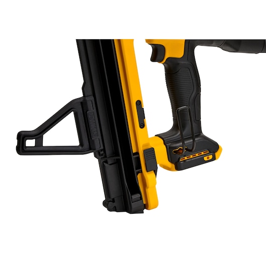 DEWALT photography tool partial view, SKUs DGN845N-XJ, DGN845N. Yellow and black handle close-up.