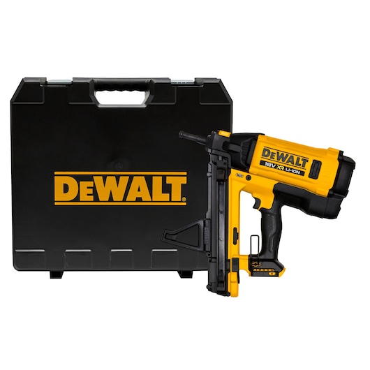 DEWALT nailer with case, SKUs DGN845N-XJ, DGN845N. Photography product.