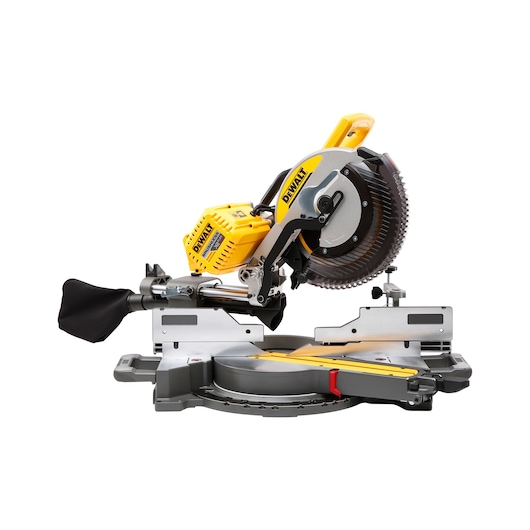 DEWALT DHS780N sliding compound miter saw with yellow body and dust bag, shown on a white background.