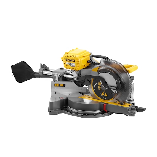 DEWALT DHS780N sliding compound miter saw with brushless motor and dust bag, shown on a white background.