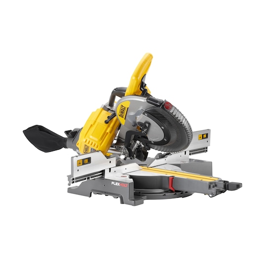 DEWALT yellow and black DHS780N miter saw with sliding arm and dust bag, shown on a white background.