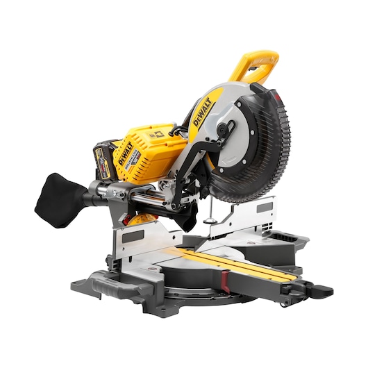 Cordless DEWALT miter saw with yellow body, blade guard and dust bag, designed for precise wood cutting.