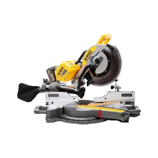DEWALT cordless sliding compound mitre saw with yellow body and silver base for precision woodworking.
