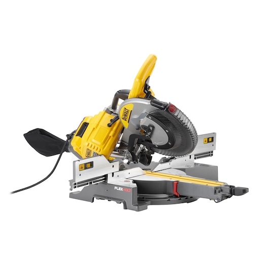 DEWALT mitre saw with yellow motor and blade guard, dust bag, and sliding base for woodworking tasks.