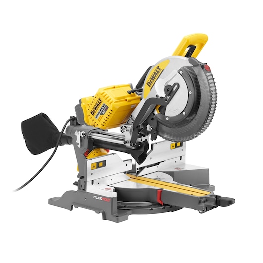 DEWALT DHS780T2A yellow and silver compound miter saw with dust bag and sliding base.