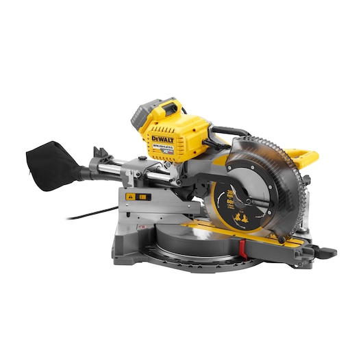 DEWALT cordless mitre saw with yellow body, dust bag, and circular blade on a metal base.