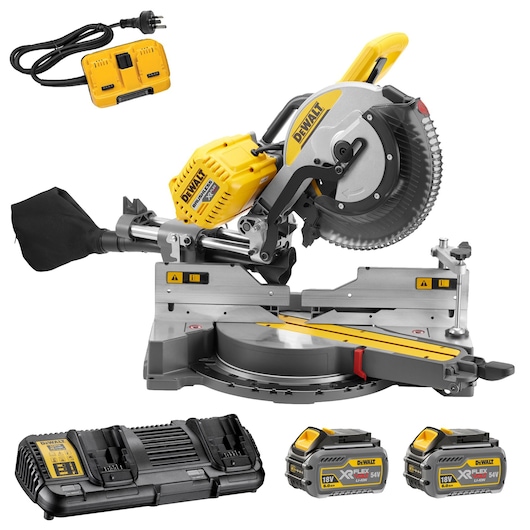 DEWALT cordless mitre saw kit with charger and two batteries, suitable for precise wood cutting.