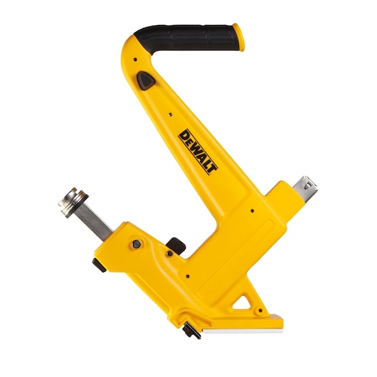 Yellow DEWALT flooring nailer tool with black handle, designed for precise installation of hardwood flooring.