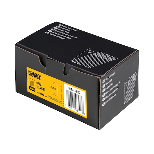 DEWALT DNBA1632GZ box of 16GA finish nails, 32mm, 2500-pack, black and yellow packaging.