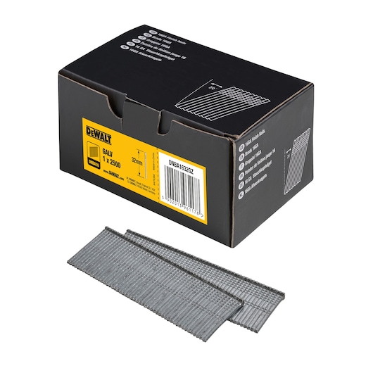 DEWALT box of galvanized 32mm finish nails, SKU DNBA1632GZ, with nail strips shown in front.