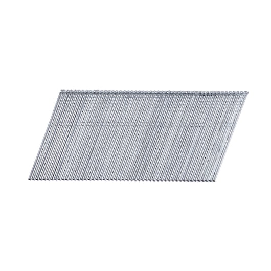 A stack of angled silver nails, likely intended for use in a nail gun, arranged in a neat row.