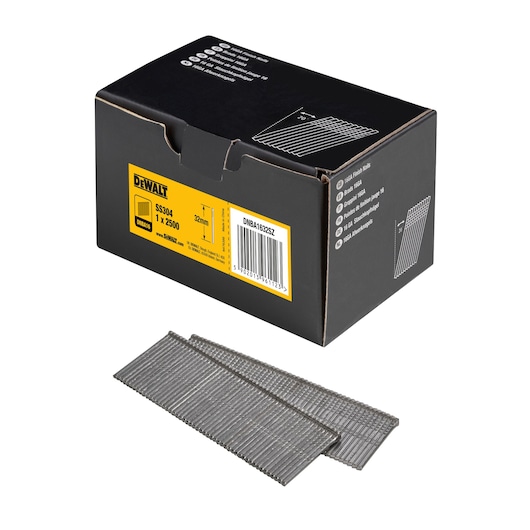 DEWALT box of finish nails, 32mm, SKU DNBA1632SZ, with nail strips displayed in front.