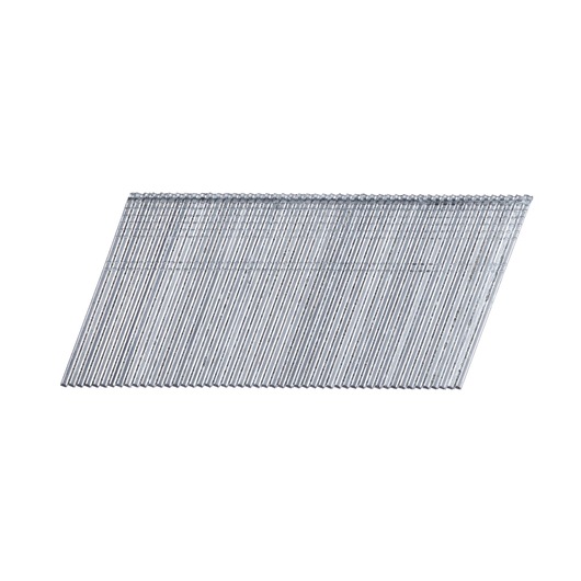 A bundle of angled silver nails for a nail gun, arranged in rows against a white background.