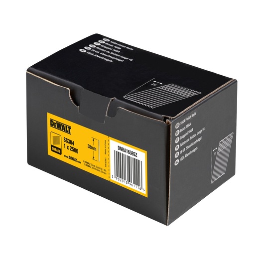DEWALT box of 16GA finish nails, DNBA1638SZ, 38mm, 2500 pieces, black packaging with barcode and nail illustration.