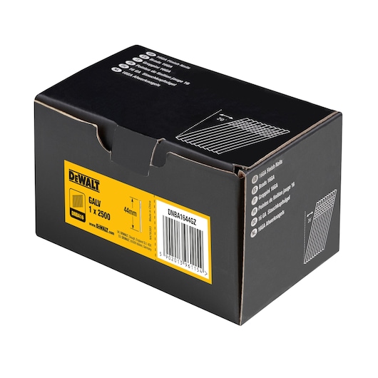 DEWALT box of 16GA finish nails, 44mm length, galvanized, SKU DNBA1644GZ, contains 2500 nails.