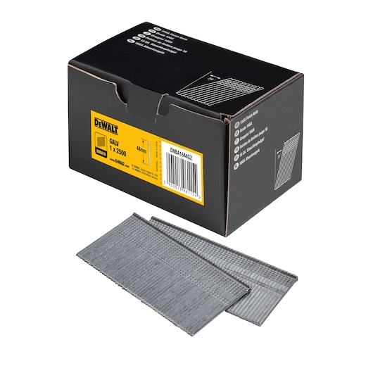 DEWALT box with galvanized nails, size 44mm, SKU DNBA1644GZ, shown with nails outside the box.