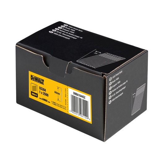 DEWALT box with product label, model DNBA1644SZ, contains 16GA finish nails, 44mm, pack of 2500.