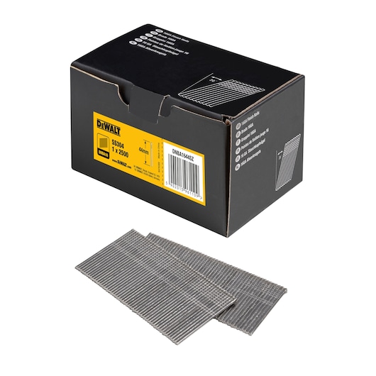 DEWALT box of 44mm nails (2500 units) with several nail strips shown in front of the packaging.