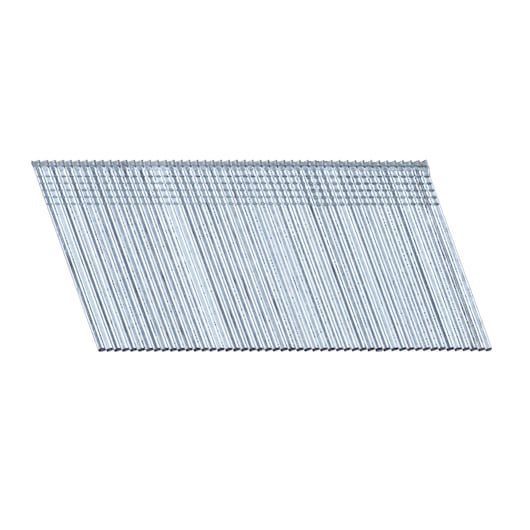 Angled strip of metallic nails for a nail gun, displayed against a white background.