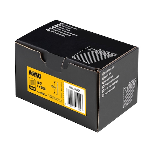 DEWALT box of 16GA finish nails, 50mm length, 2500 nails. Model DNBA1650GZ, black packaging with yellow label.