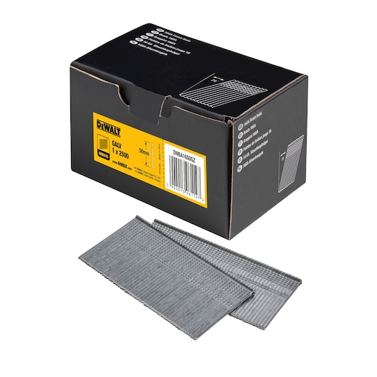 DEWALT box of nails, SKU DNBA1650GZ, 50mm galvanized finish nails with two nail strips displayed in front.