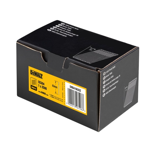 Box of DEWALT 16GA finish nails, SS304, 63mm, 2500 count. Black packaging with yellow label.