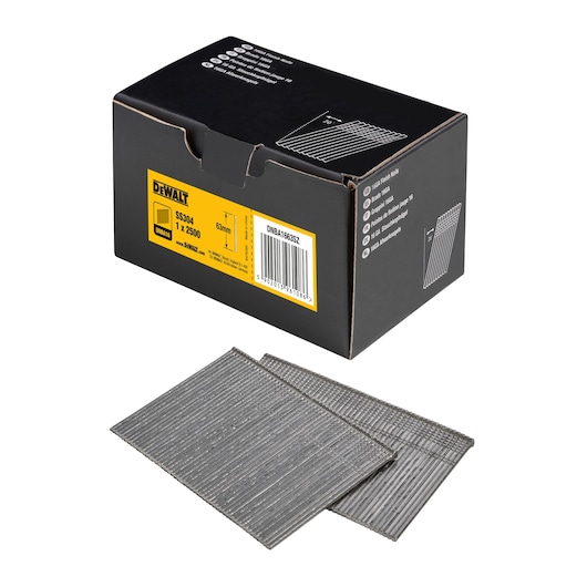 DEWALT box of nails with two stacks of nails placed in front, SKU DNBA1663SZ.