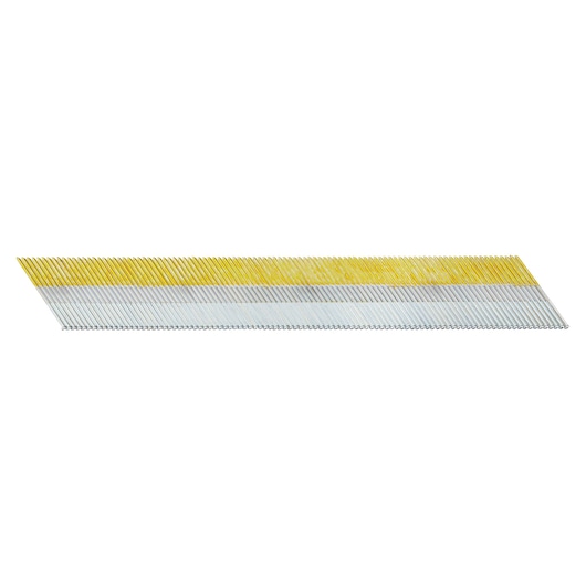 A strip of angled collated nails with a yellow band, suitable for use in nail guns.