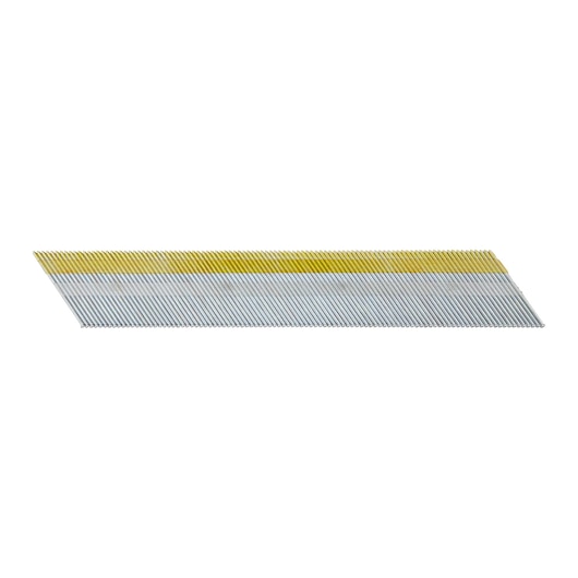 Strip of angled metal nails with yellow band for use in a nail gun, shown against a white background.