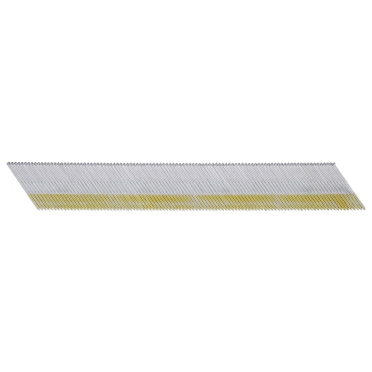 A strip of metal nails arranged in a row, designed for use in a nail gun. The nails are connected at the top and have a yellow adhesive or coating along their sides.