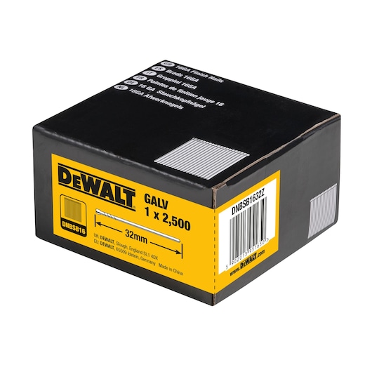 DEWALT box of 16GA galvanized finish nails, DNBSB1632Z, 32mm, pack of 2,500.