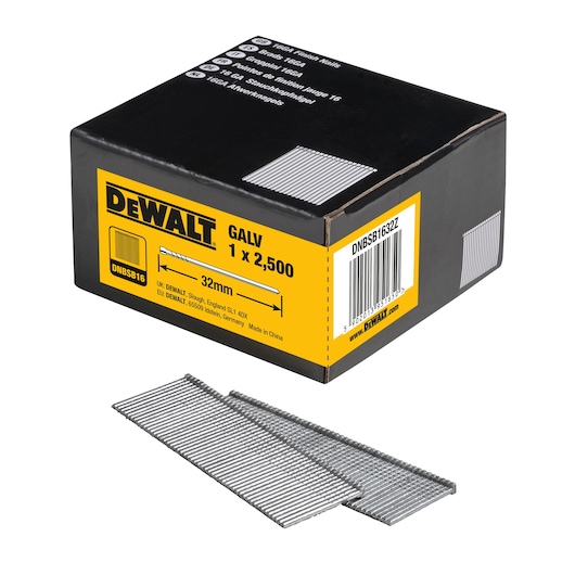 DEWALT box of 32mm galvanized nails, SKU DNBSB1632Z, contains 2,500 nails. Two nail strips shown in front.