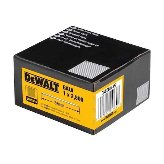 DEWALT box of 16GA finish nails, 38mm, model DNBSB1638Z, contains 2,500 nails.
